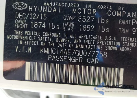 2016 Hyundai Accent Se z USA, uszkodzony, nr VIN KMHCT4AE7GU077758